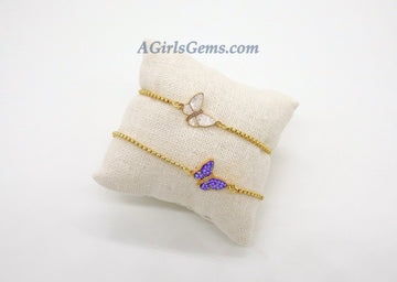 Gold Butterfly Bracelet, CZ Shell White/Purple Butterflies, Butterfly Jewelry for Minimalist, Adjustable Bracelets - Regina Harp Designs - A Girls Gems